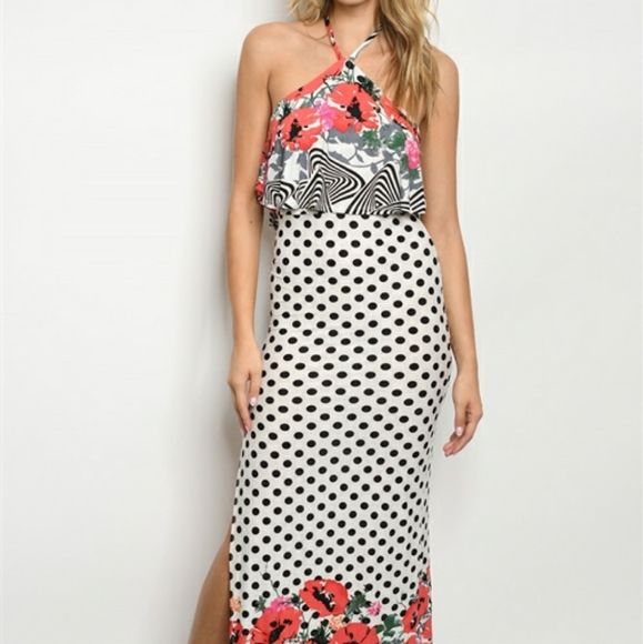 EVENT HALTER BACKLESS OFF WHITE BLACK POLKA DOTS SLIT MAXI DRESS - Picture 4 of 4